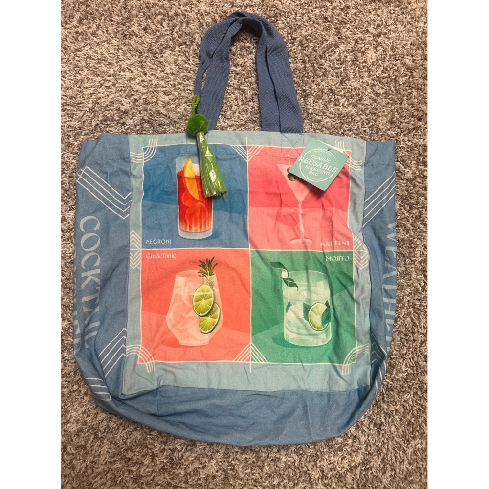 New Cocktail Graphic Reusable Canvas Tote Bag Blue Martini Negroni Mojito Print